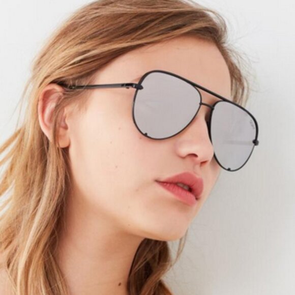 Quay Australia x Desi High Key Black Frame Silver Mirror Lens Aviator Sunglasses - Picture 10 of 16